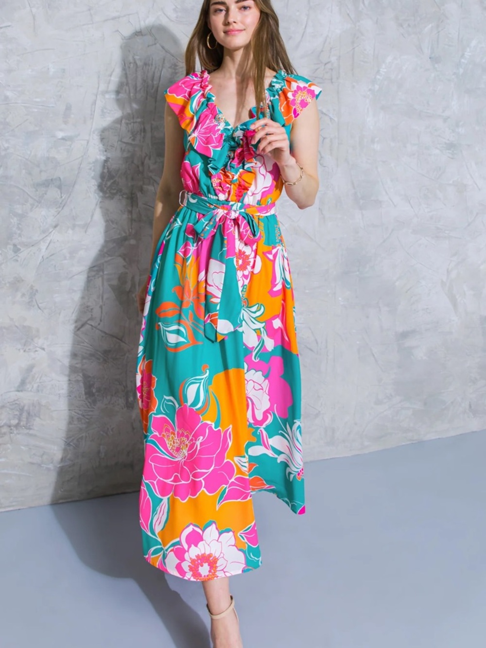 Flying Tomato Teal, Pink & Orange Floral Maxi Dress